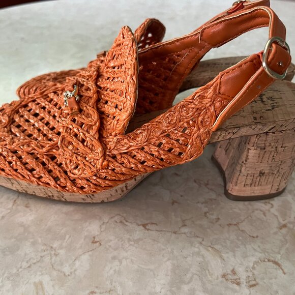 Aerosoles Sz 8 Santiago Raffia Platform Slingback Pump Orange and Cork - Picture 3 of 14